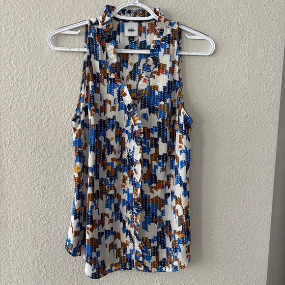 Cabi 6106 Jigsaw Blouse Button Front Ruffle V-Neck Blue Brown White Sz S - Picture 9 of 9